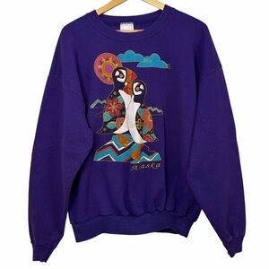 Vintage Alaska Puffin Graphic Sweatshirt Purple 50/50 XL